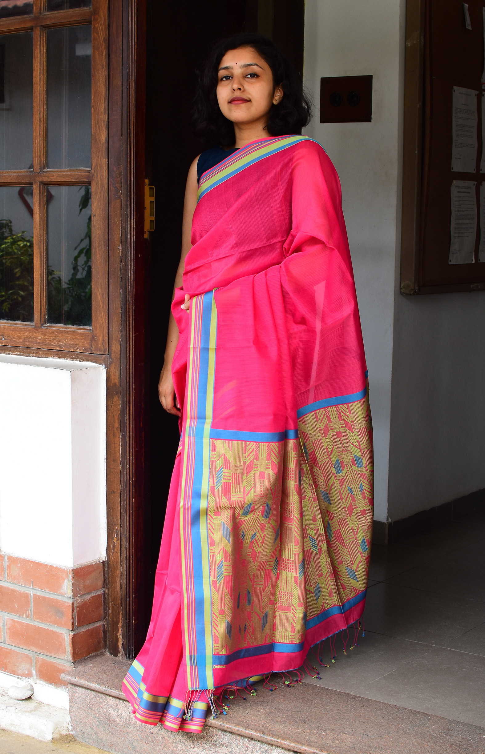 Fushia Pink, Handwoven Organic Cotton, Textured Weave , Jacquard, Work Wear Saree